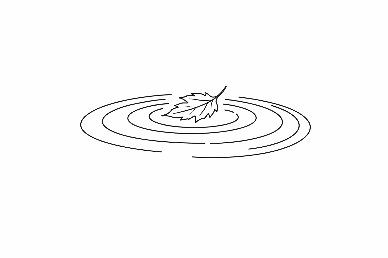 Line drawing of a leaf falling into water, creating ripples.
