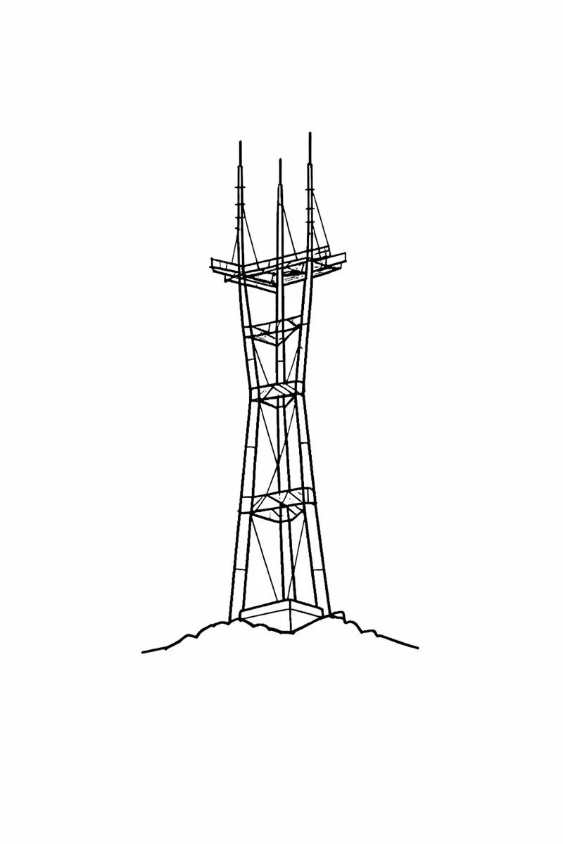 Line drawing of Sutro Tower in San Francisco against a white background.