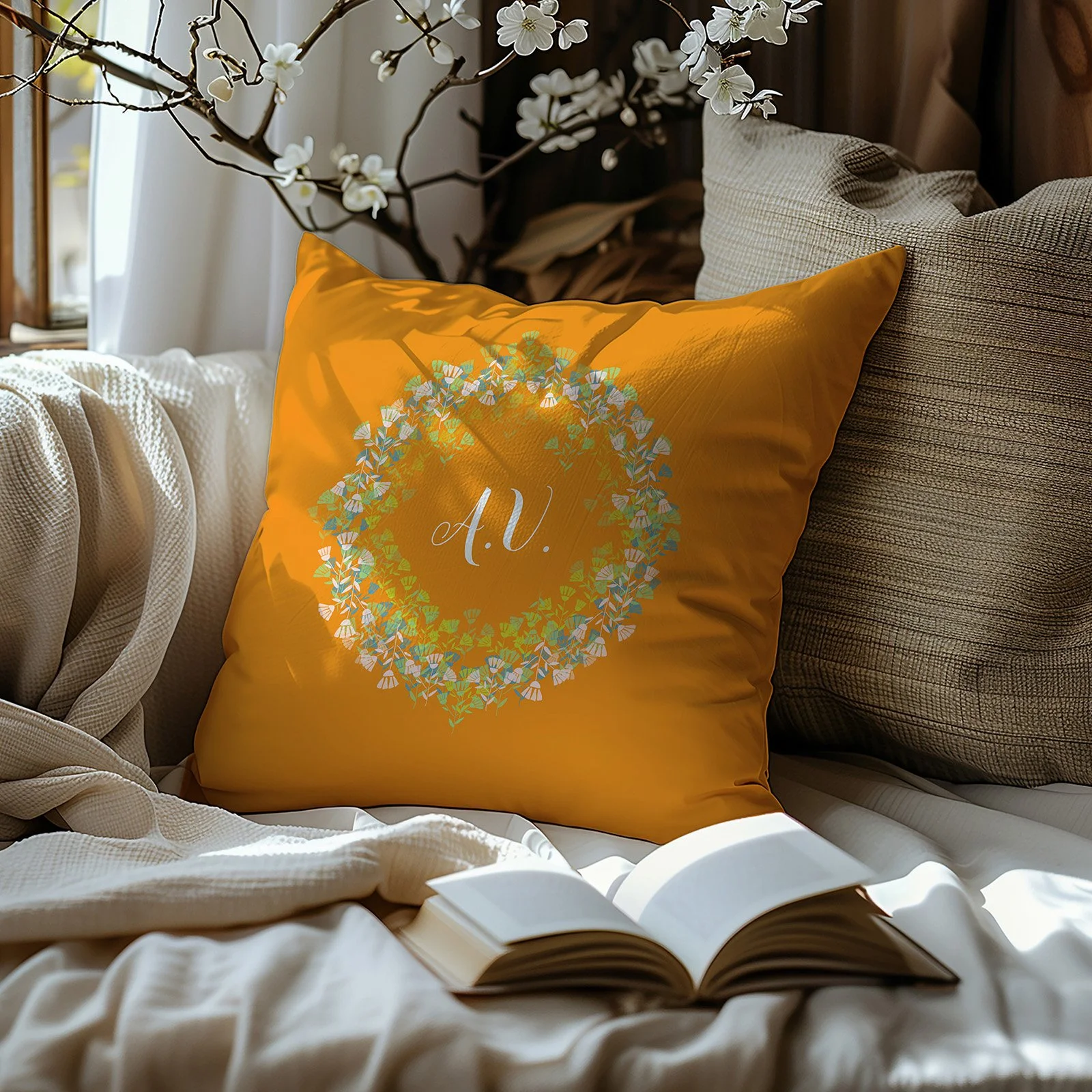 Multi-coloured Pastel Floral Wreath and Monogram Throw Pillow Zazzle2.jpg
