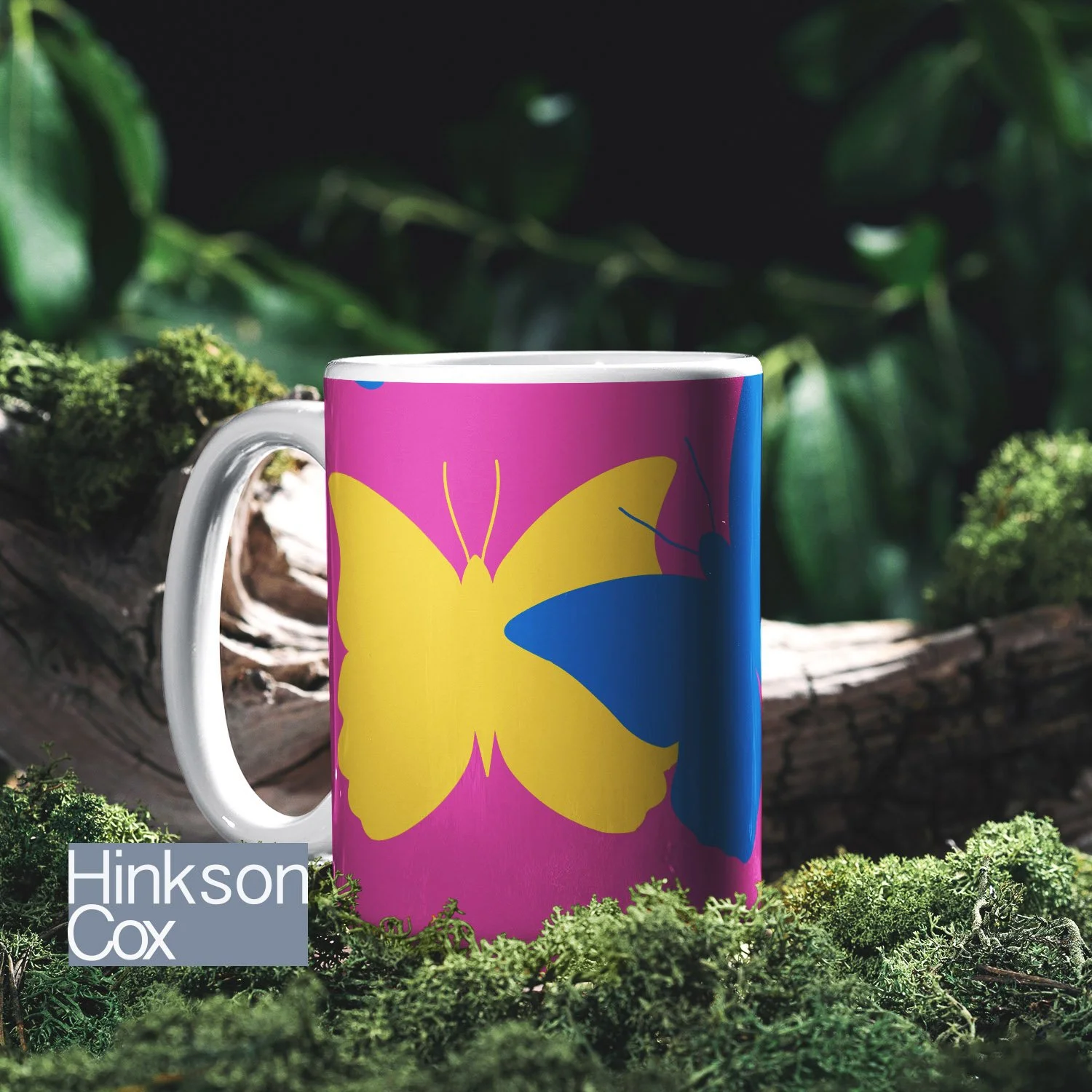 Pink, Blue, Yellow Abstract Butterfly Design Coffee Mug. Hinkson Cox Redbubble.