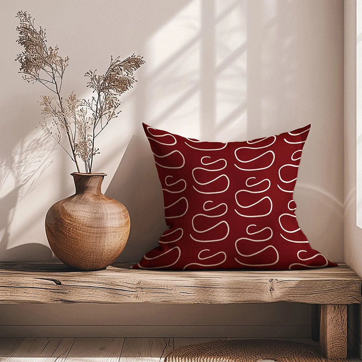 Farmhouse Pillow-Sinuous Curve in White - Dark Cherry Red post.jpg