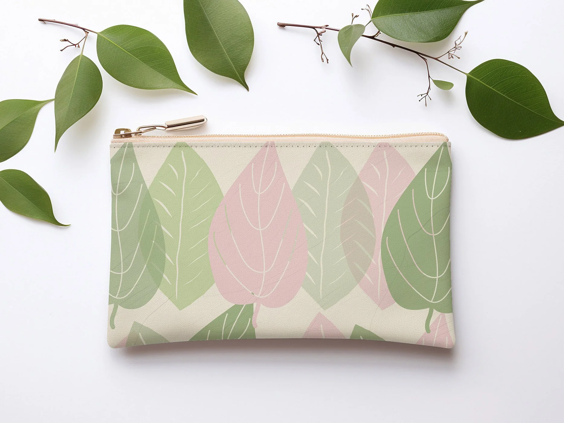 Pastel leaves in Spring colours, Slightly transparent Zipper Pouch mockup.jpg