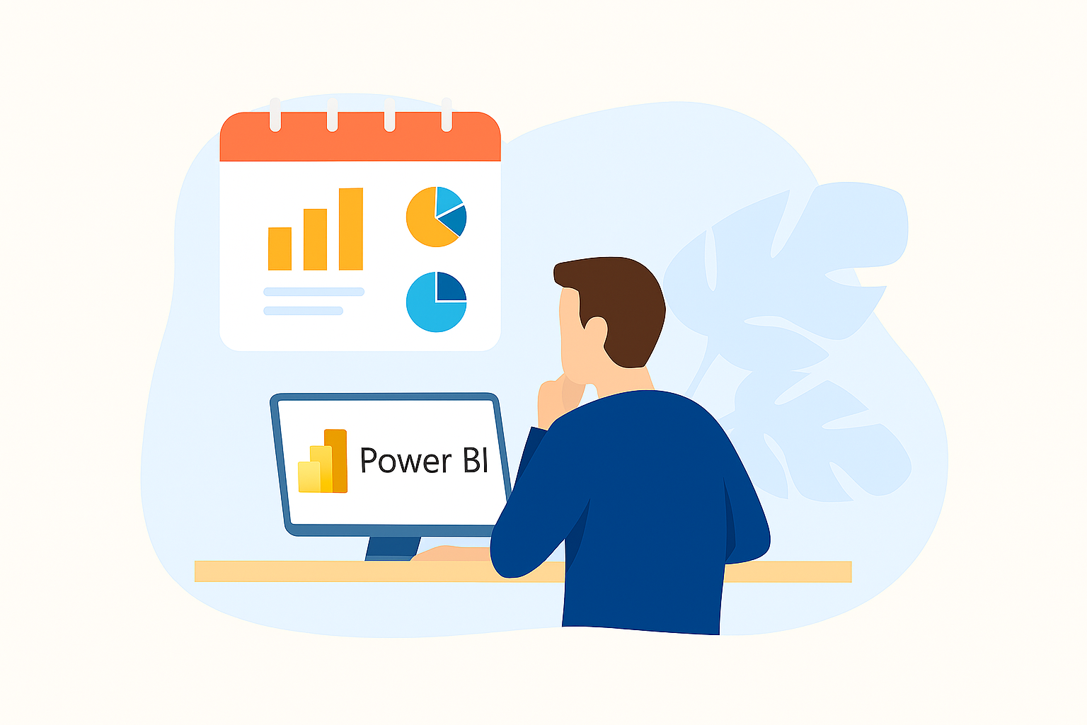 A person working on a computer with Power BI software displayed, chart icons, and a large chart with bar and pie graphs in the background.
