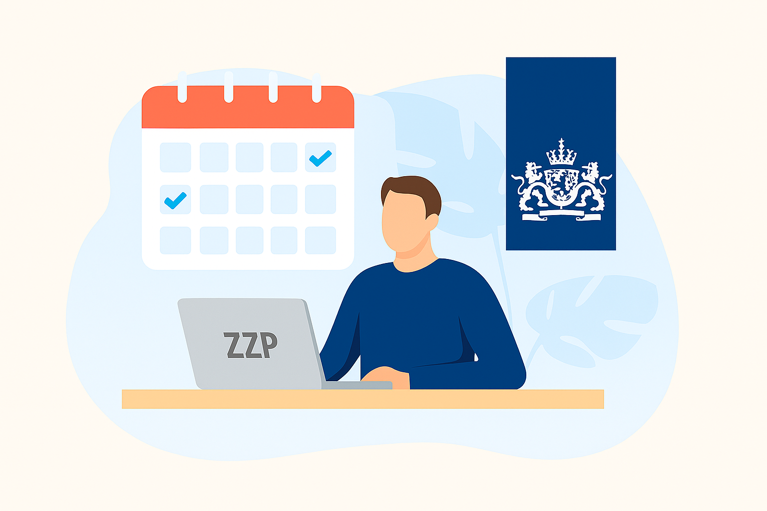 A person sitting at a desk with a laptop labeled 'ZZP', a calendar with checked days, and a flag with a lion emblem and crown, possibly indicating the Netherlands.