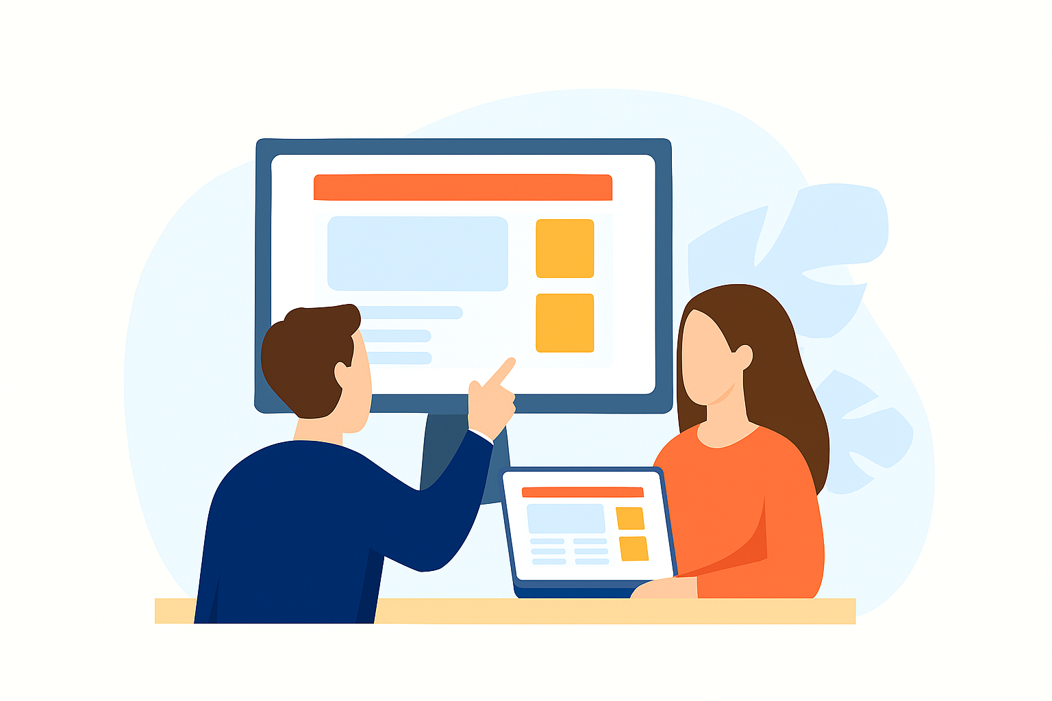 Illustration of two people discussing a digital project, with one pointing at a large screen display and the other holding a tablet showing a similar interface.