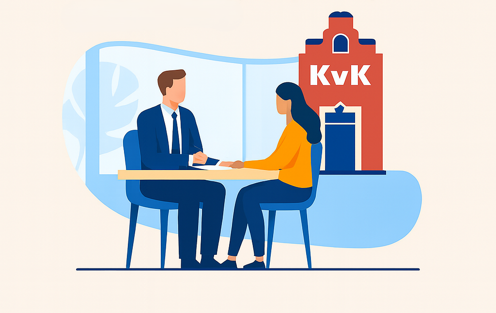 Illustration of a woman and a man sitting at a table in a modern room, shaking hands, with a large building labeled 'KvK' in the background.