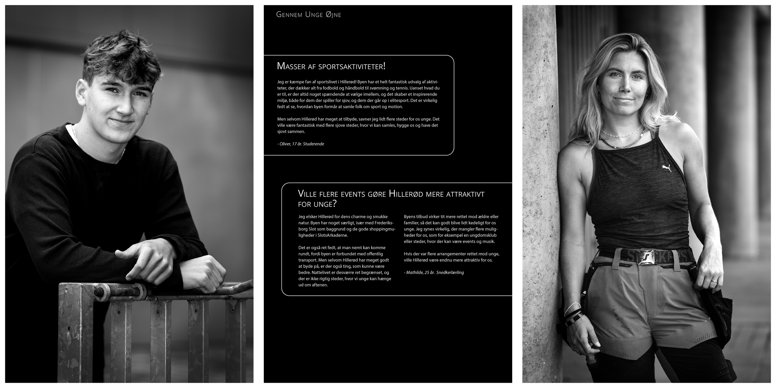 To personer portrætter i sort-hvid. En ung mand på venstre side, og en ung kvinde på højre side. Begge personer står foran en grå baggrund, og billederne er taget udendørs.