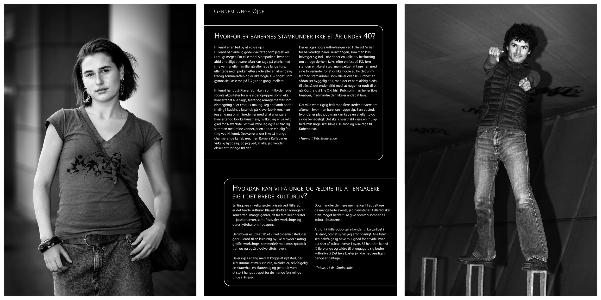 To unge, en pige og en dreng, står foran en bygning, i sort-hvid bortset fra tekstblokke i midten.