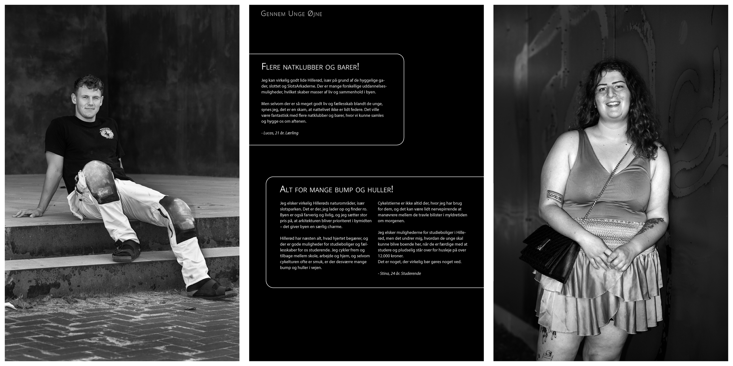 To mennesker, en mand i motorcykeludstyr sidder på en trappe, og en kvinde med tatoveringer, kjole og taske står foran en væg, begge i sort-hvide fotos.