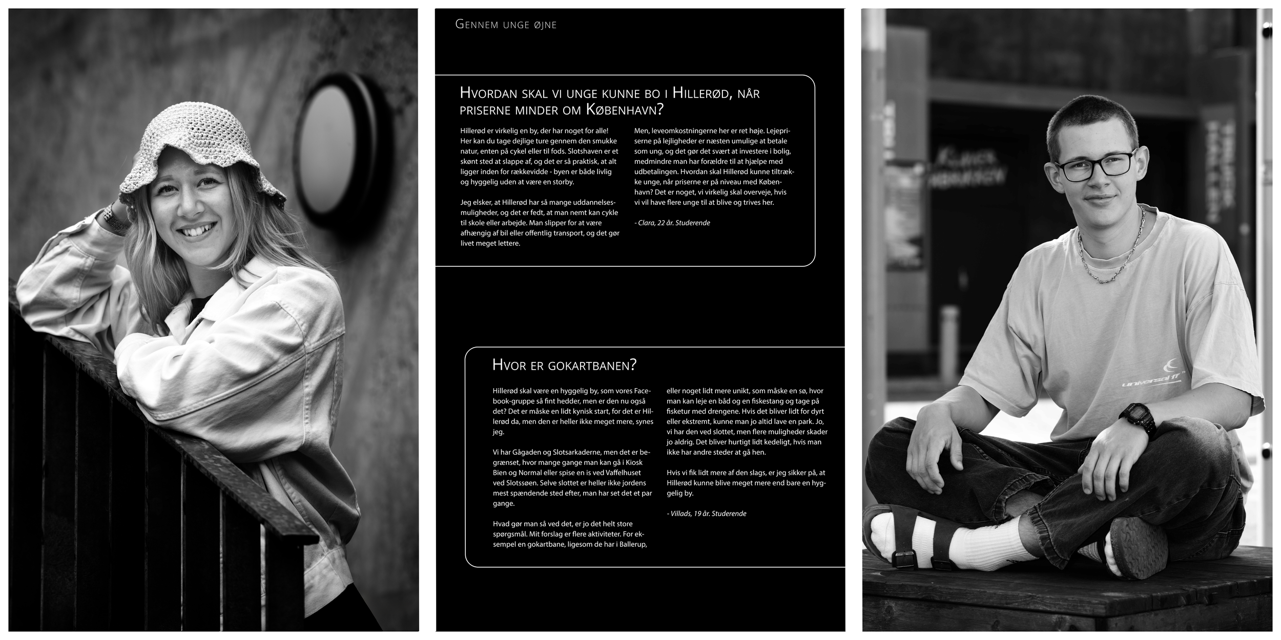 To unge mennesker i sort-hvid fotos, en pige med hat, der smiler, og en dreng med briller, der sidder krydset på en bænk, i en by ved siden af et tekstpanel.