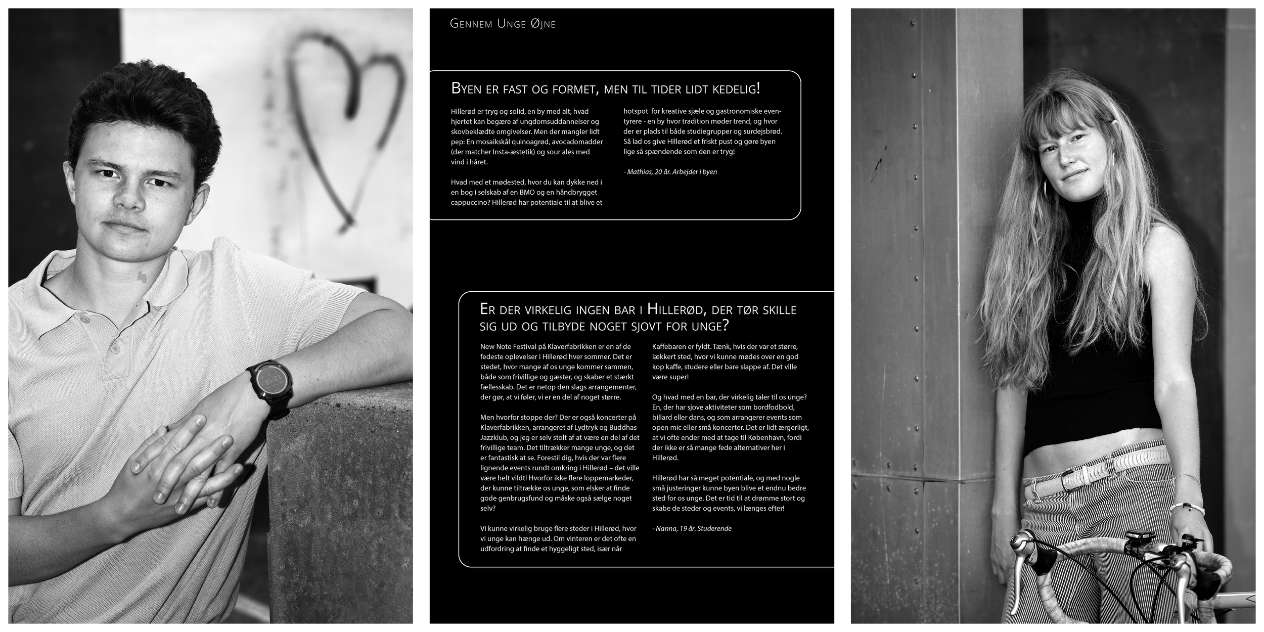 To unge mennesker, en dreng og en pige, fotograferet i sort-hvid, står foran en mur og et hus, drengen bærer en polo skjorte og et ur, pigen har langt hår, en sort top og stribet nederdel, og står ved en cykel.