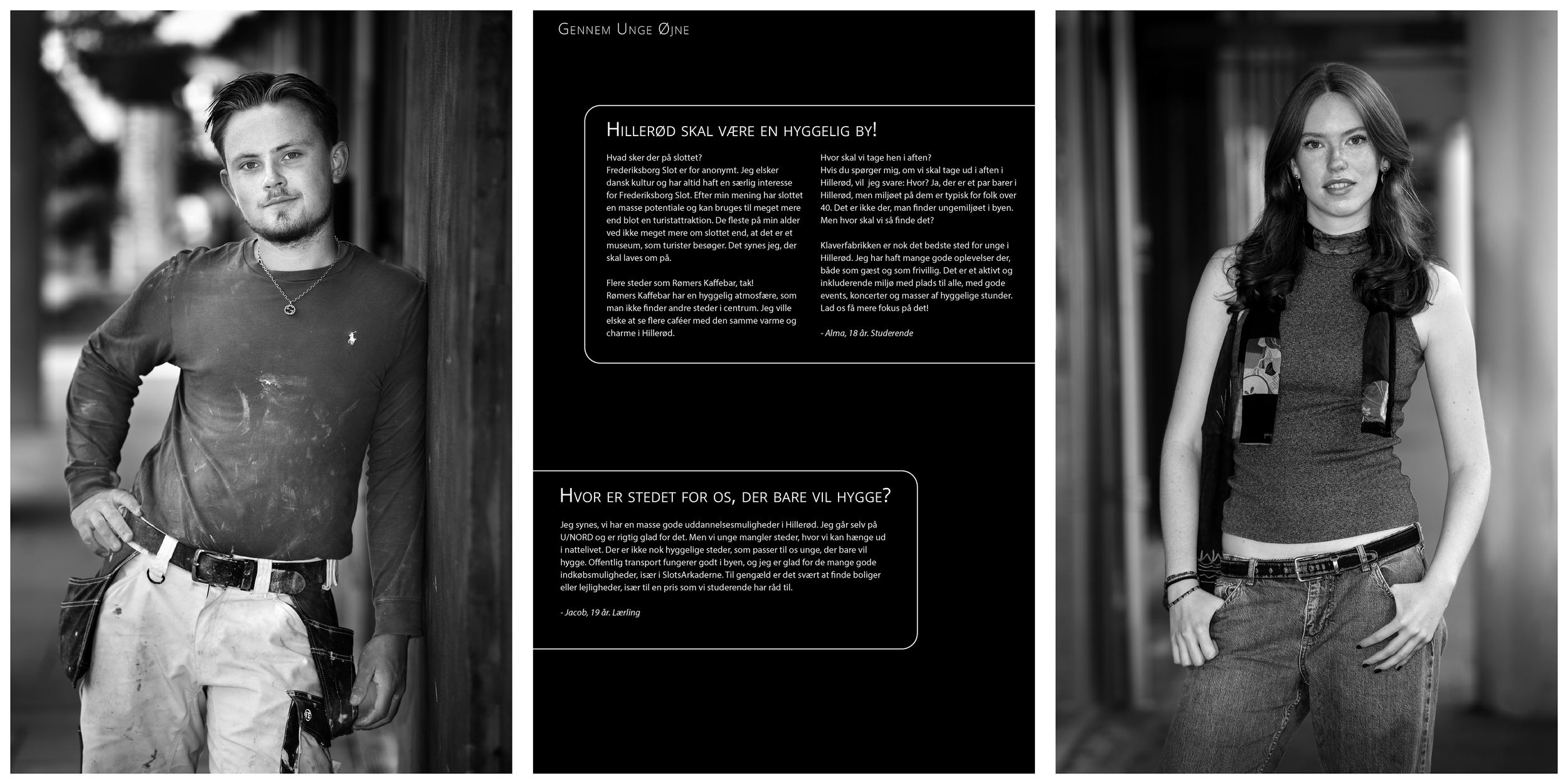 To unge personer, en mand til venstre med mørkt hår, en kvinde til højre med lang, krøllet hår, begge i sort-hvid portrætfotos. Midten er en tekstblok med oplysninger om Hillerød og unges oplevelser.