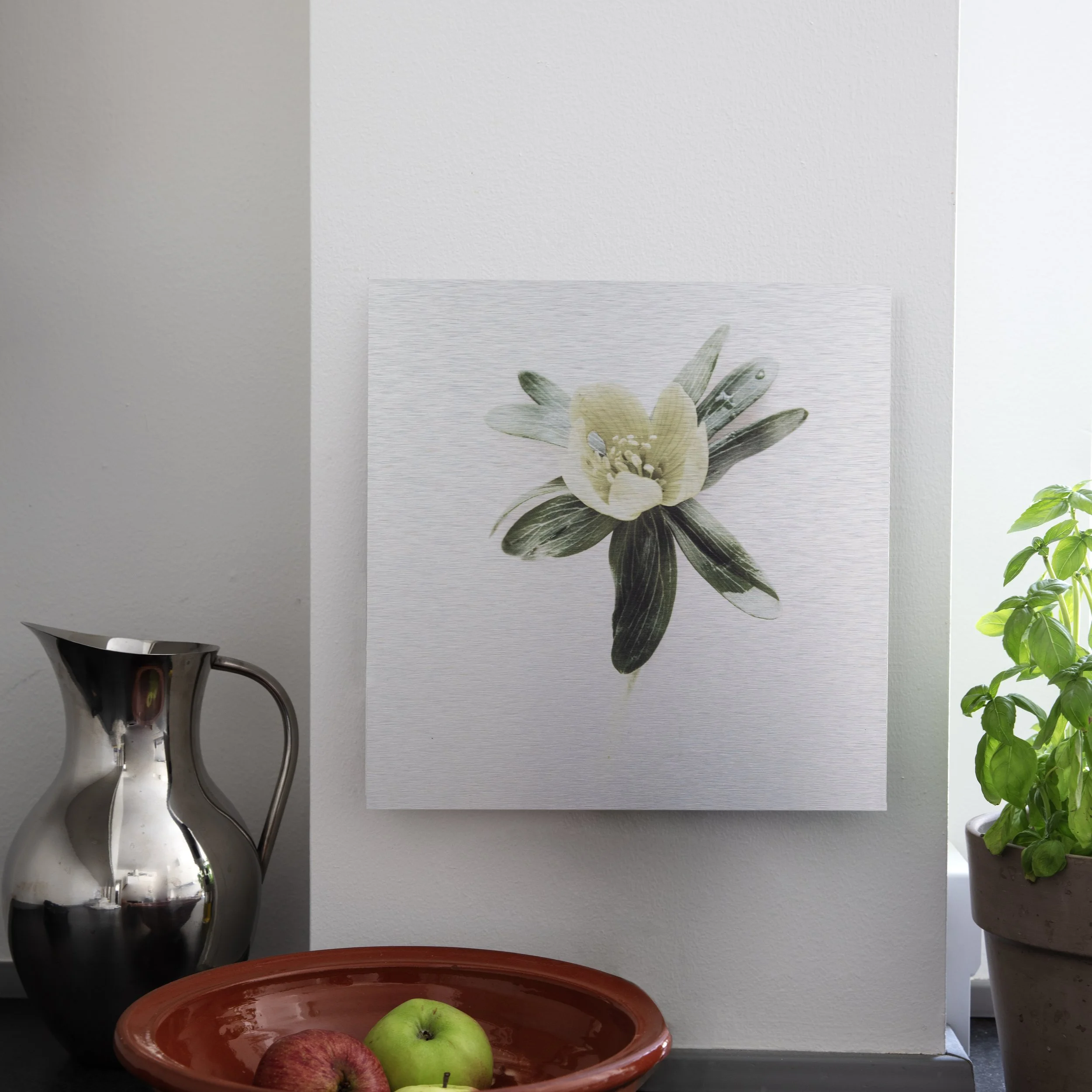 Et billede af en væg med en botanisk kunstplakat af en blomster, et sølvfarvet glasurkrus, en rød keramisk skål med to æbler, og en grøn plante i et gråt potte i baggrunden.