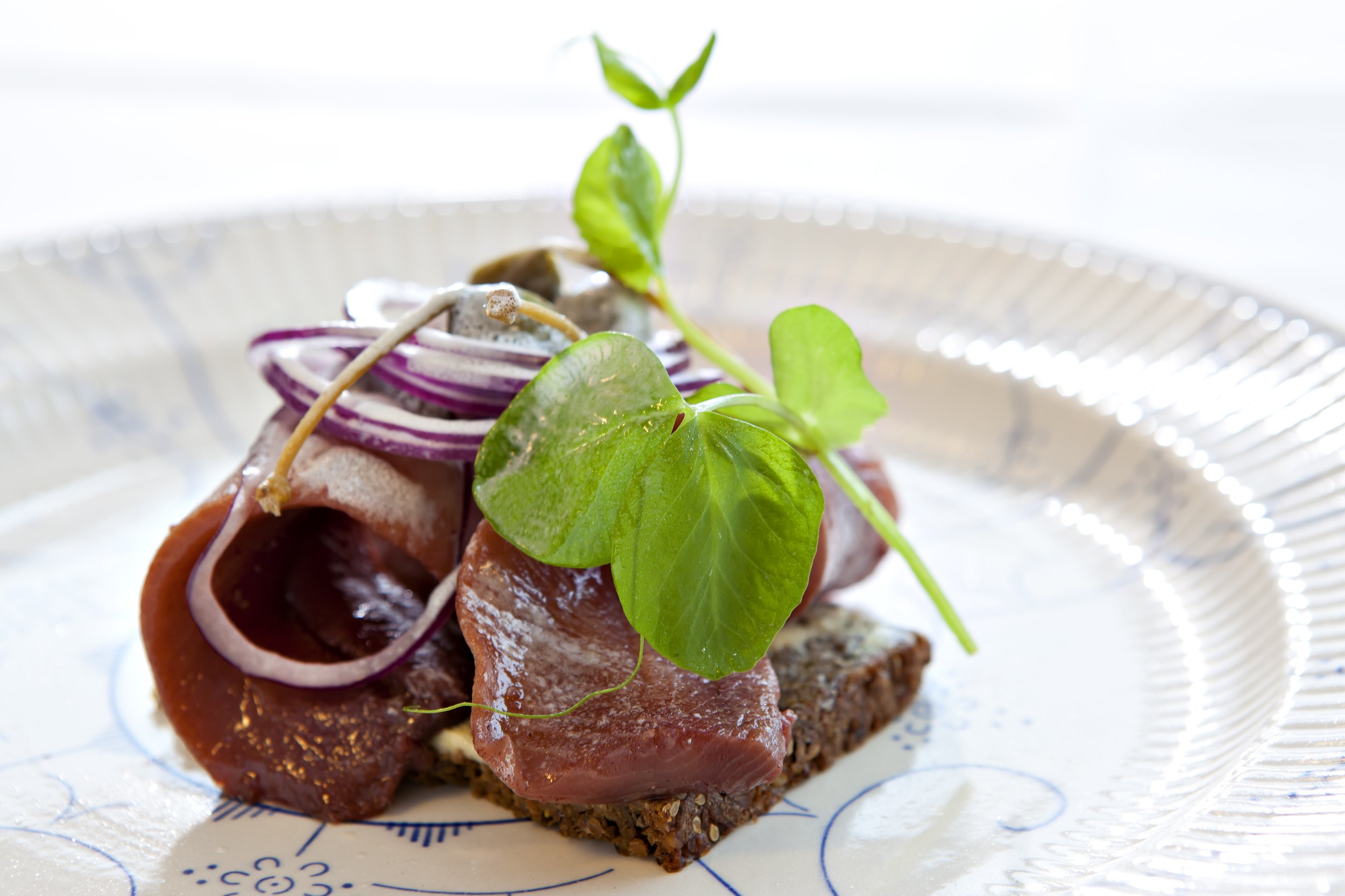 Tyndt skåret kød med granatæblekerner, løg, og frisk grøn urt på en elegant tallerken