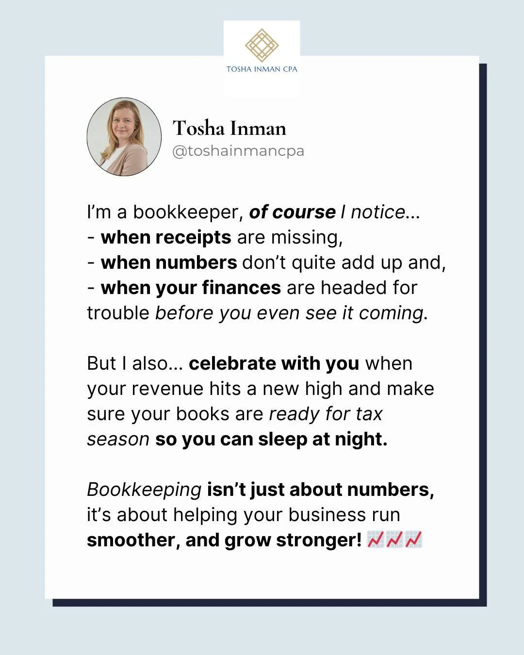I&rsquo;m a bookkeeper, of course I notice trends before they become problems. 

Let me help you see it all clearly!

Now booking monthly bookkeeping clients!

Schedule a call to find out how we can help!

https://www.toshainmancpa.com/contact-us

#B