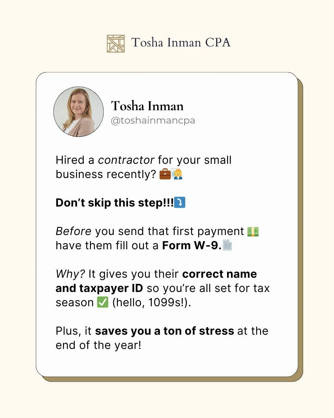 Hired a contractor for your small business recently?

Don&rsquo;t skip this step!

Have questions, drop them below!

Don&rsquo;t forget to follow for more tips like this!

#Contractor #BusinessTips
#bookkeeping #accounting #bookkeeper #smallbusiness 