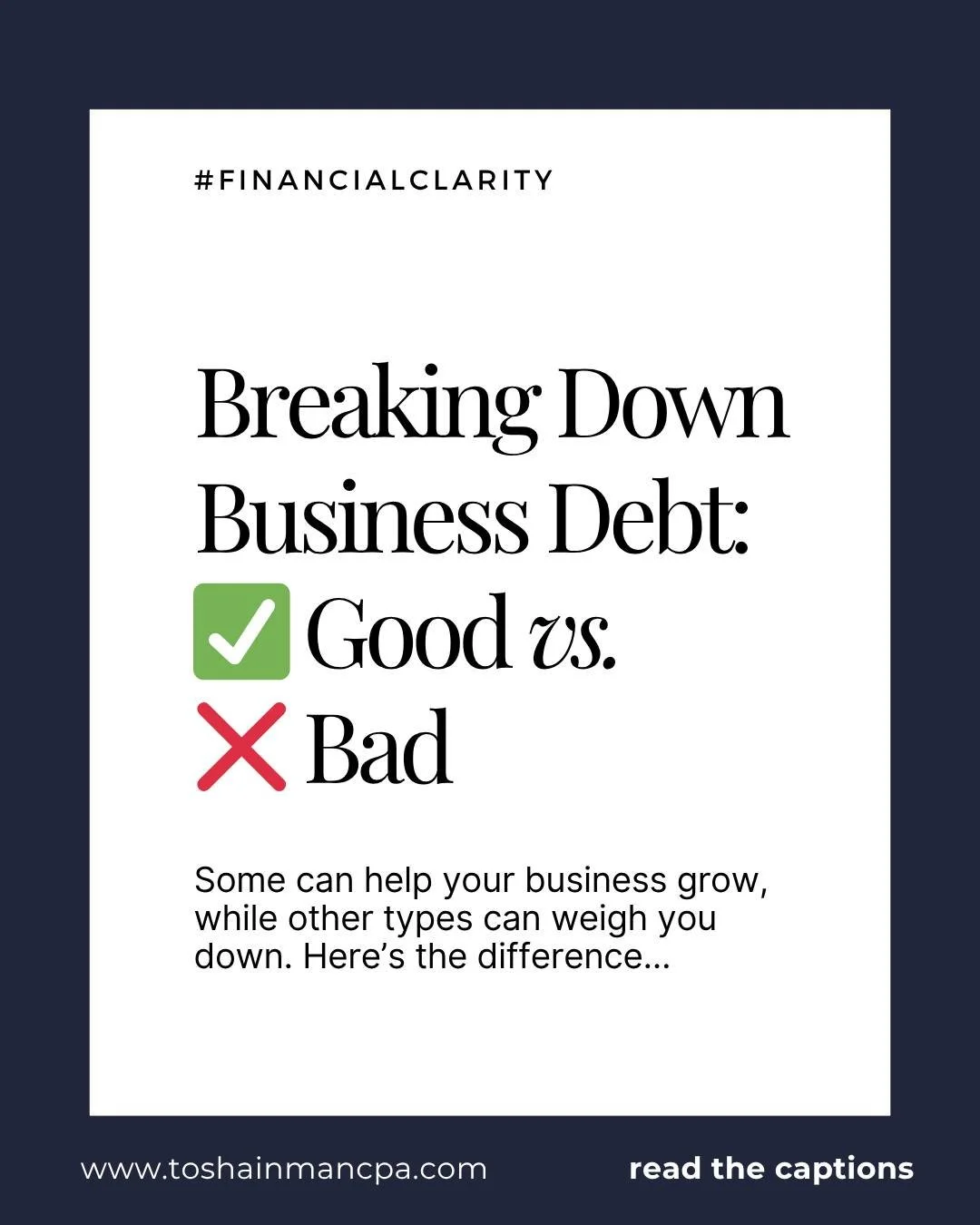 Do you know which type of debt your business is carrying? Not all debt is created equal. 

Some can help your business grow, while other types can weigh you down. 

Here&rsquo;s the difference:

Good Debt:

- Used to invest in growth (equipment, tech