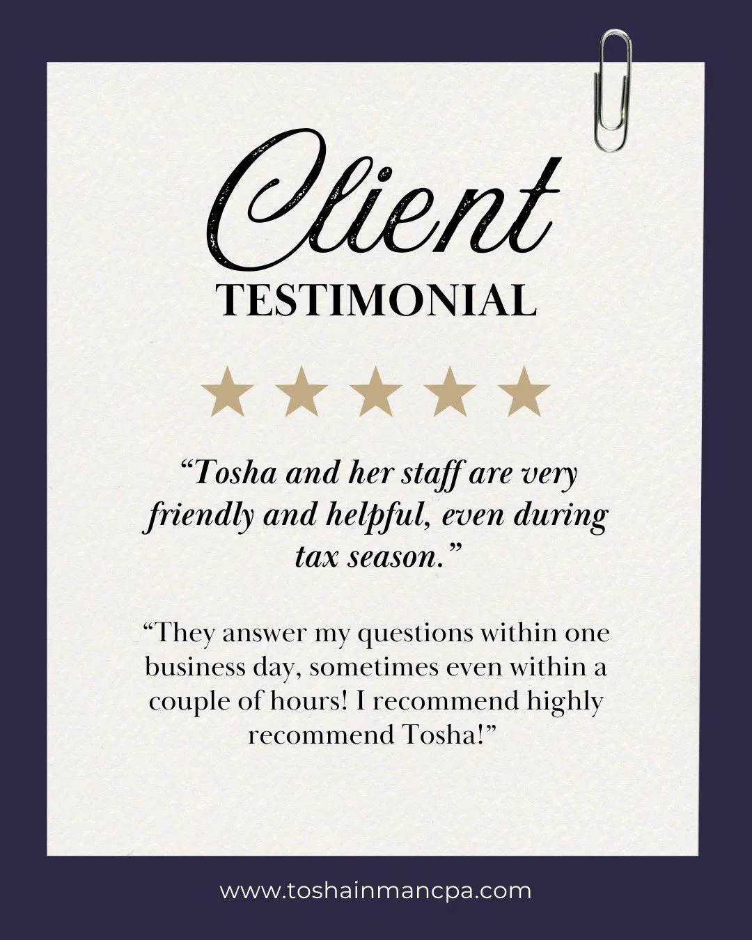 We love when our clients share wins like this!

This is why we do what we do!

If you want your business finances to feel this simple, book a call with us.

https://www.toshainmancpa.com/contact-us

#ClientTestimonial #ClientWin #bookkeeping #account