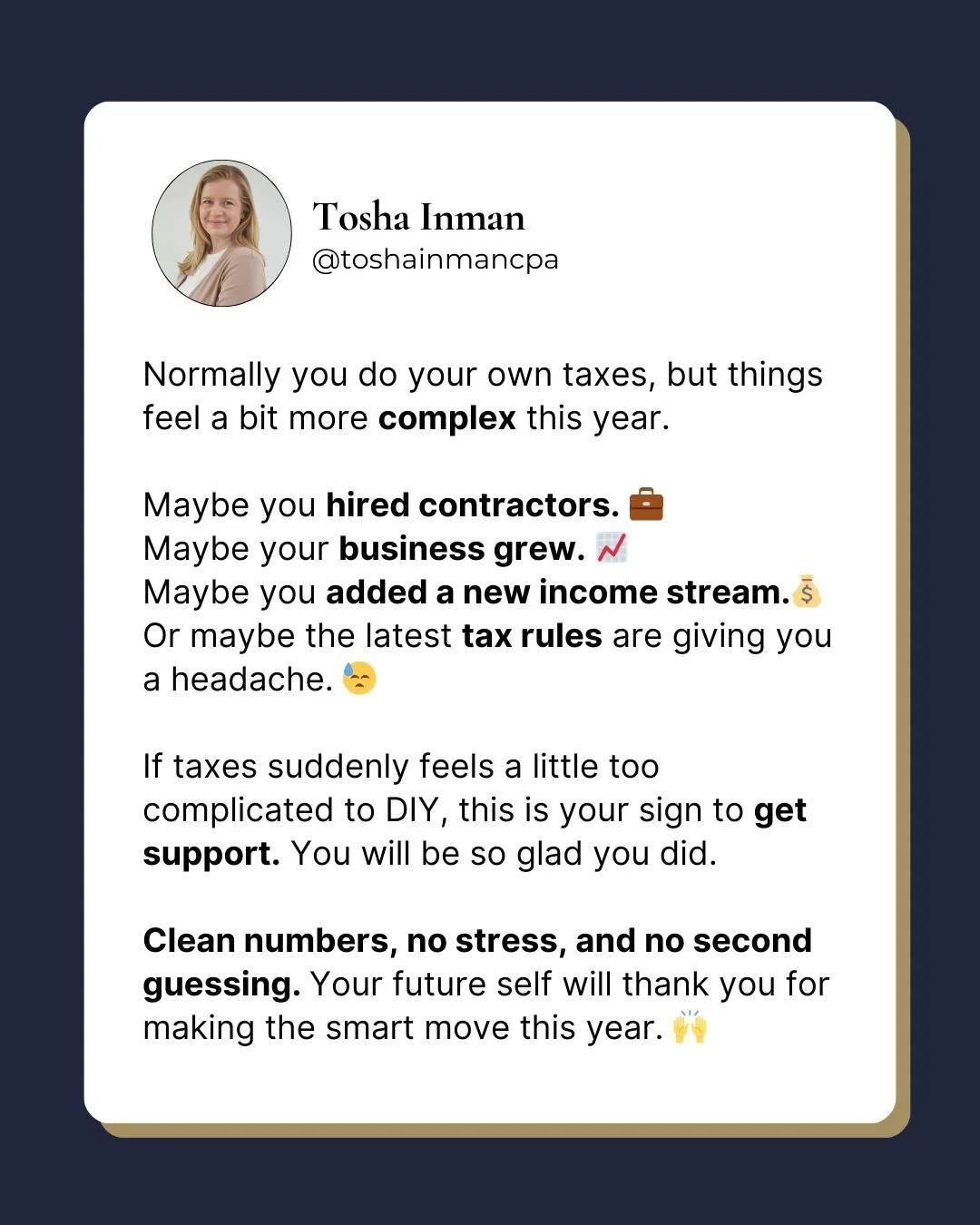 Stay organized, compliant, and confident with our year-round bookkeeping and tax support. 

Schedule a call with us to learn more!

https://www.toshainmancpa.com/contact-us

#TaxPlanning #BusinessFinances 
#bookkeeping #accounting #bookkeeper #smallb