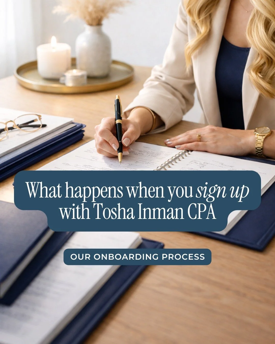 Cue the excitement of knowing you don't have to worry about your taxes or bookkeeping anymore! 

To begin, visit our website and click the "Work With Us" button. 

From there you'll create a secure portal login and complete a few short inta