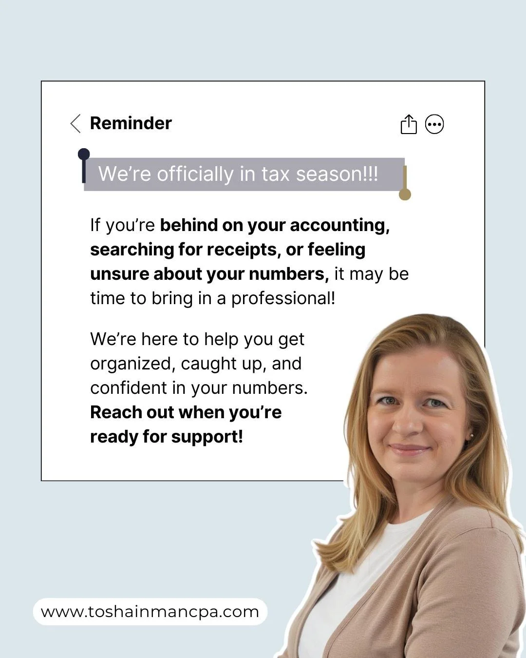 If you&rsquo;re behind on your accounting, searching for receipts, or feeling unsure about your numbers, it may be time to bring an accountant!

Clean, accurate books make tax season smoother and help you avoid unnecessary stress and surprises.

We&r