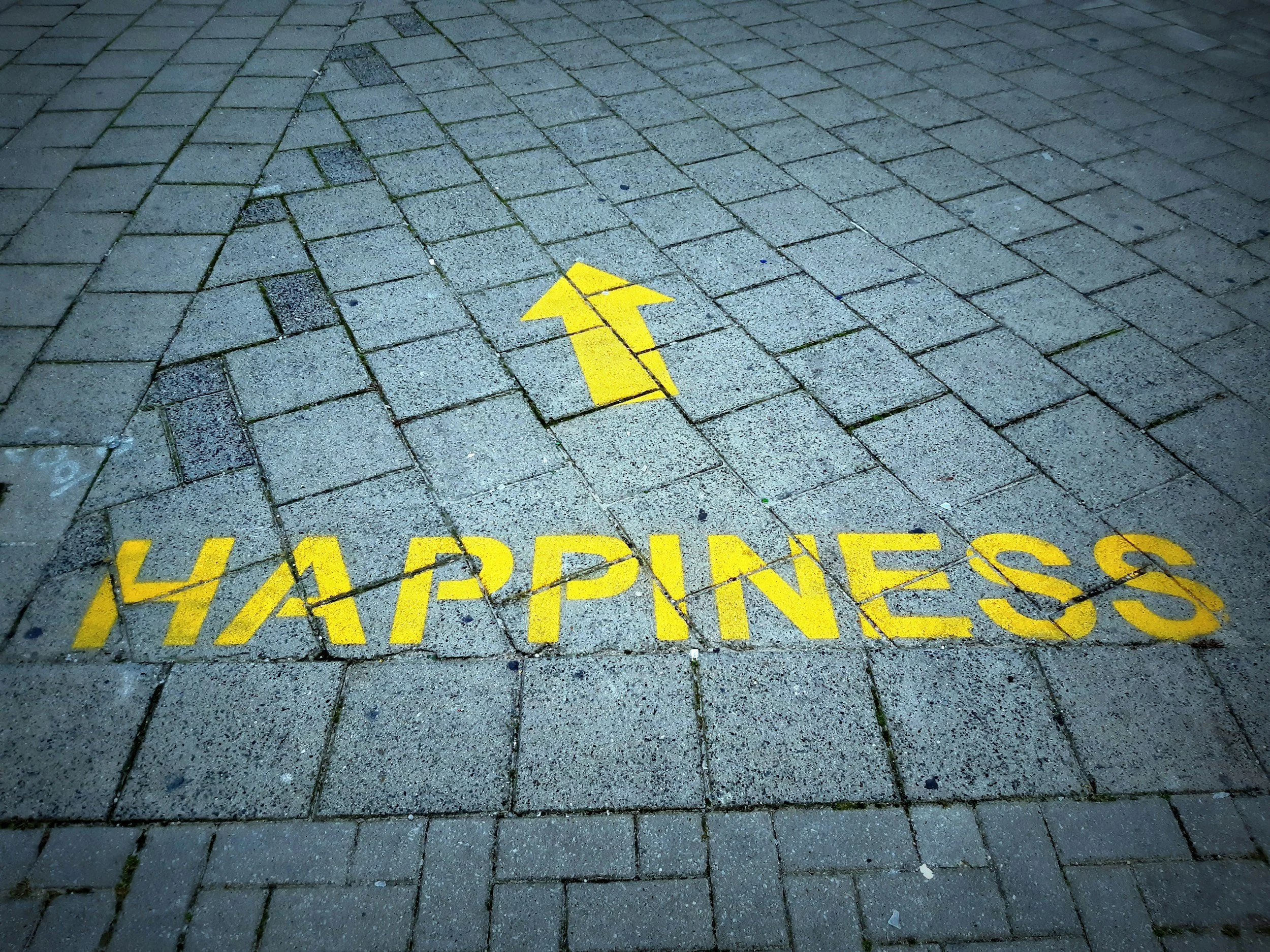 A sidewalk with yellow painted words 'HAPPINESS' and an arrow pointing upward.