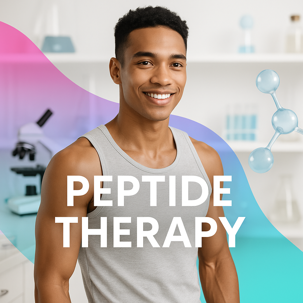 A smiling young man in a gray tank top standing in a lab with a microscope in the background, with text 'PEPTIDE THERAPY' and a molecular structure illustration overlayed.