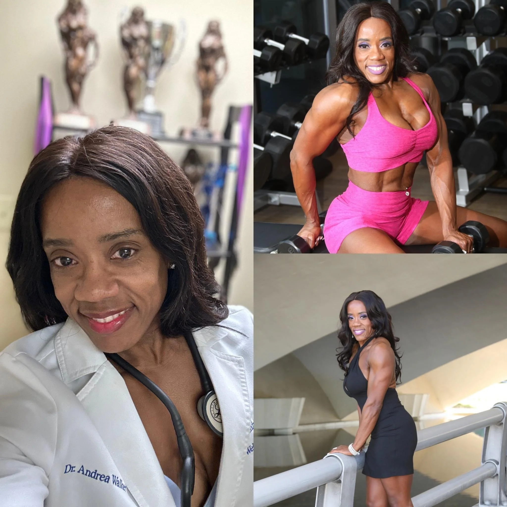 Collage of three photos featuring a woman. The left photo shows her in a white medical coat with a stethoscope, smiling. The top right photo shows her in a gym wearing a pink workout outfit, lifting dumbbells. The bottom right photo shows her outdoors in a black dress, leaning on a railing and smiling.