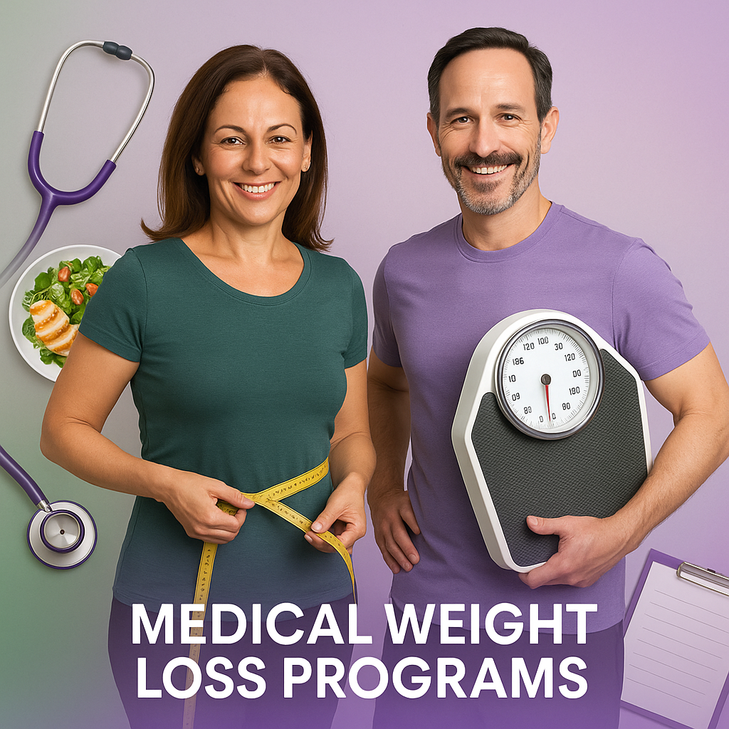 A woman and a man smiling at the camera in a medical weight loss program setting. The woman is holding a measuring tape around her waist, and the man is holding a scale. There is a stethoscope and a healthy salad in the background, along with text that reads 'Medical Weight Loss Programs.'