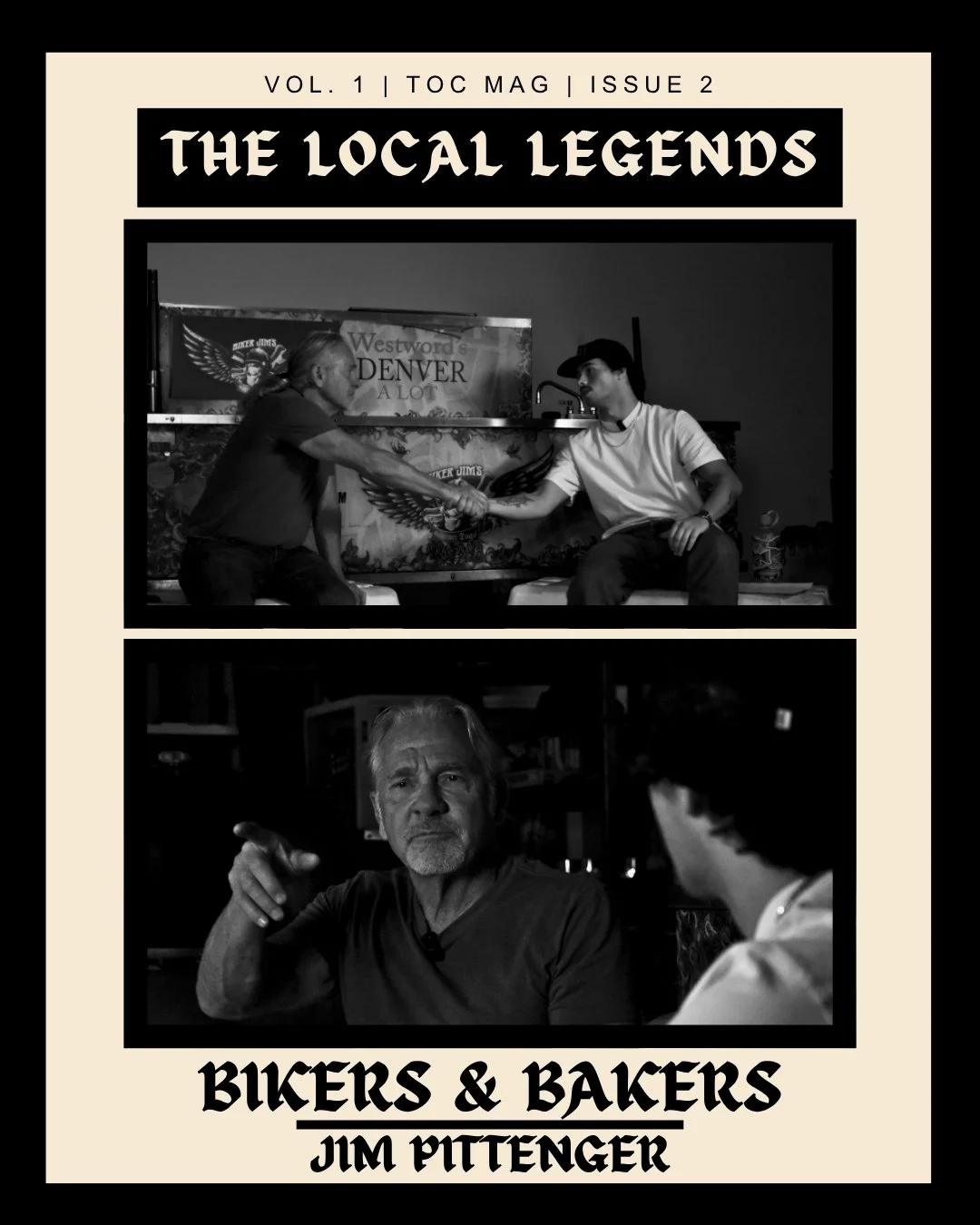 A magazine cover titled 'The Local Legends', featuring two black-and-white photos. The top photo shows two men shake hands, one with long hair and the other wearing a cap, against a backdrop that includes a banner. The bottom photo shows an older man