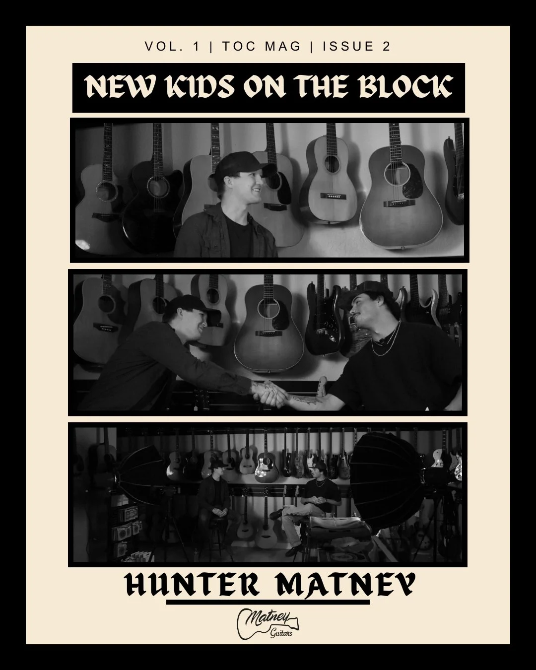 Black and white magazine cover featuring three photos of people in a guitar shop. The top photo shows a person smiling, wearing a cap, with guitars hanging behind them. The middle photo depicts two people shaking hands in front of guitars, smiling at
