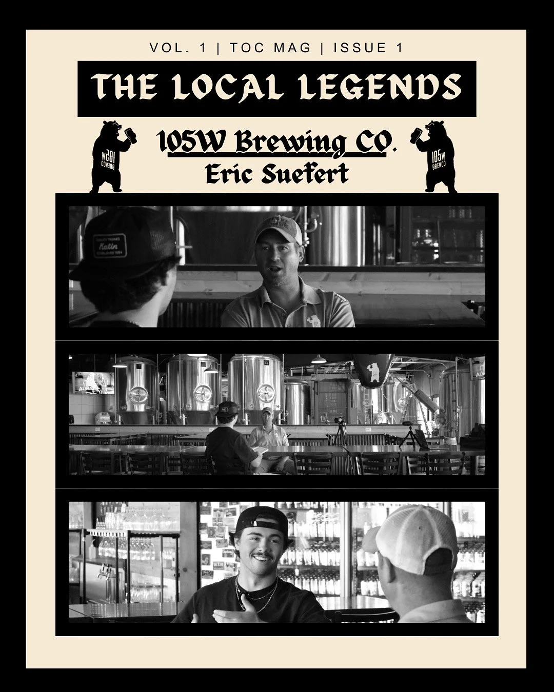 Cover of a magazine titled 'The Local Legends' features black-and-white photos of a brewing company, including images of people working and talking inside a brewery.