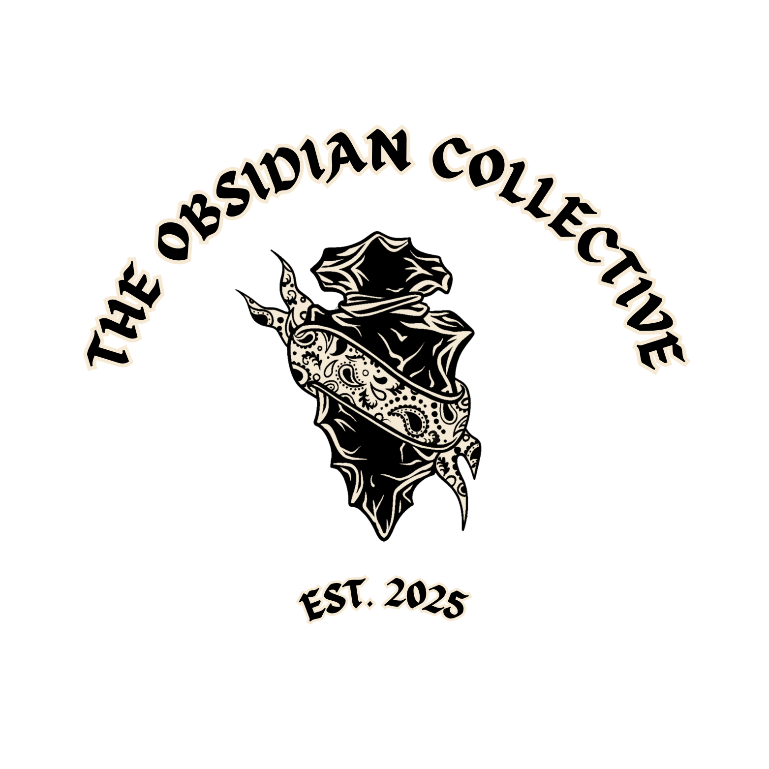 A black background with a logo featuring a stylized sword and a shuriken, accompanied by the text "The Obsidian Collective" arched above and "Est. 2025" below.