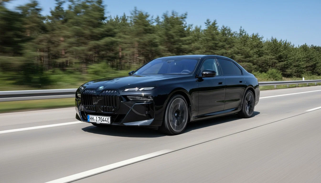 BMW i7 electric sedan coastal highway drive luxury chauffeur service EcoLimos Hamburg