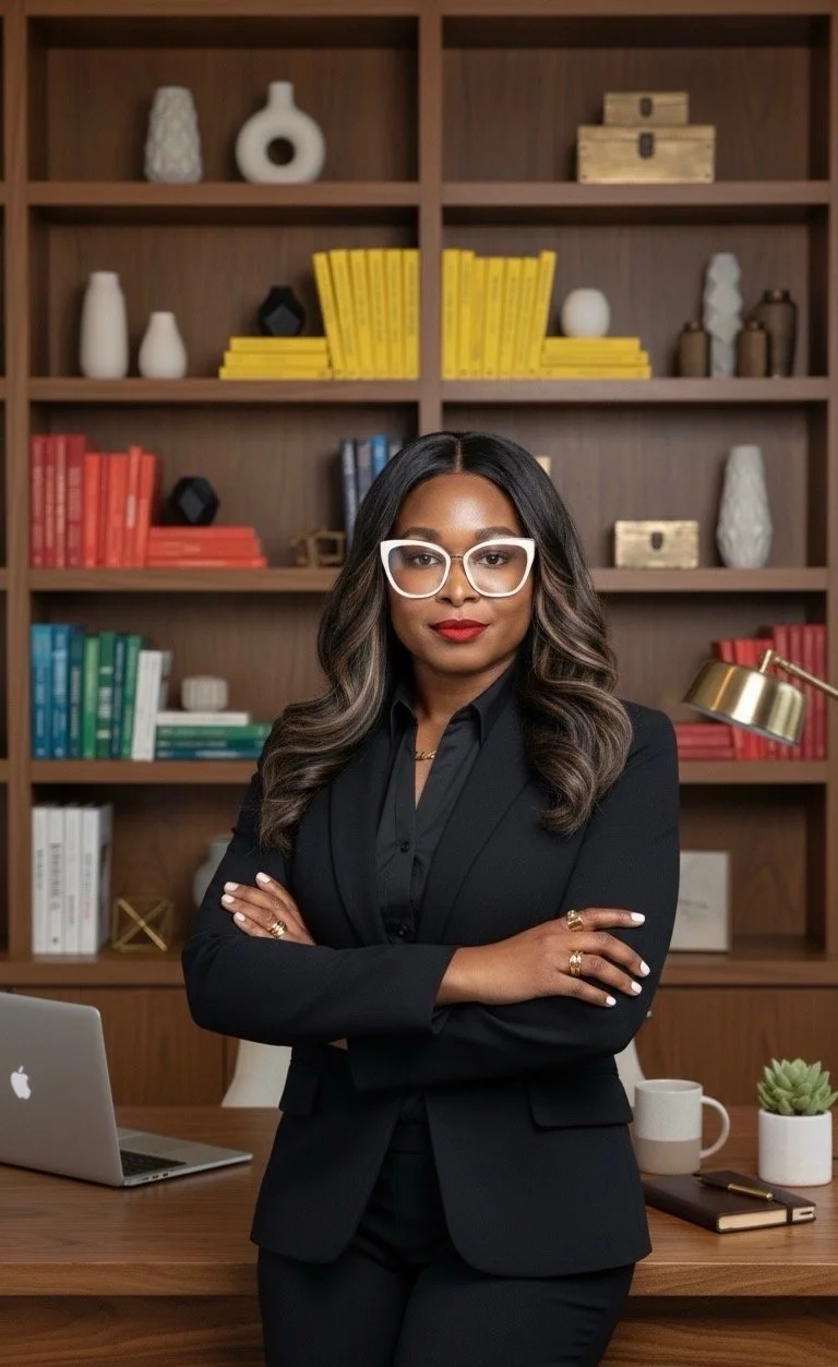 A professional woman with glasses standing arms crossed in an office with a wooden bookshelf behind her, which contains colorful books and decorative items.