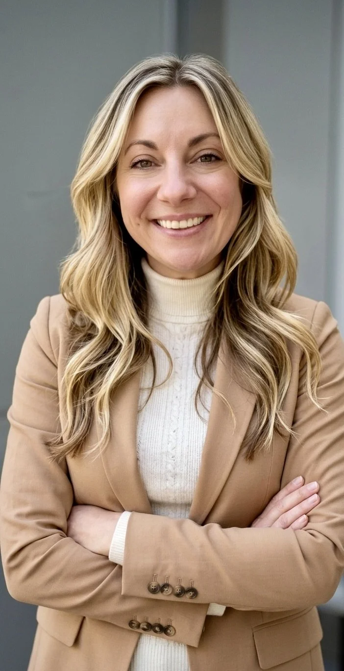 A woman with long, wavy blonde hair smiling at the camera, wearing a white turtleneck against a light peach background.