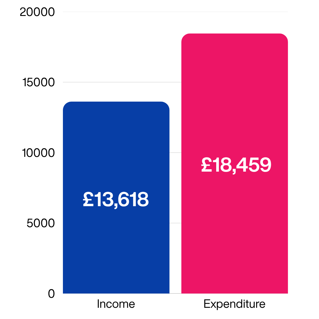 A bar chart shows £13,618 income in blue and £18,459 expenditure in pink