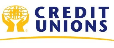 Logo of Credit Unions with a globe held by two yellow hands and the words 'CREDIT UNIONS' in blue.