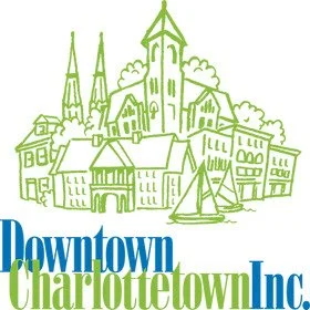 Line drawing of downtown Charlotte with historic buildings and sailboats