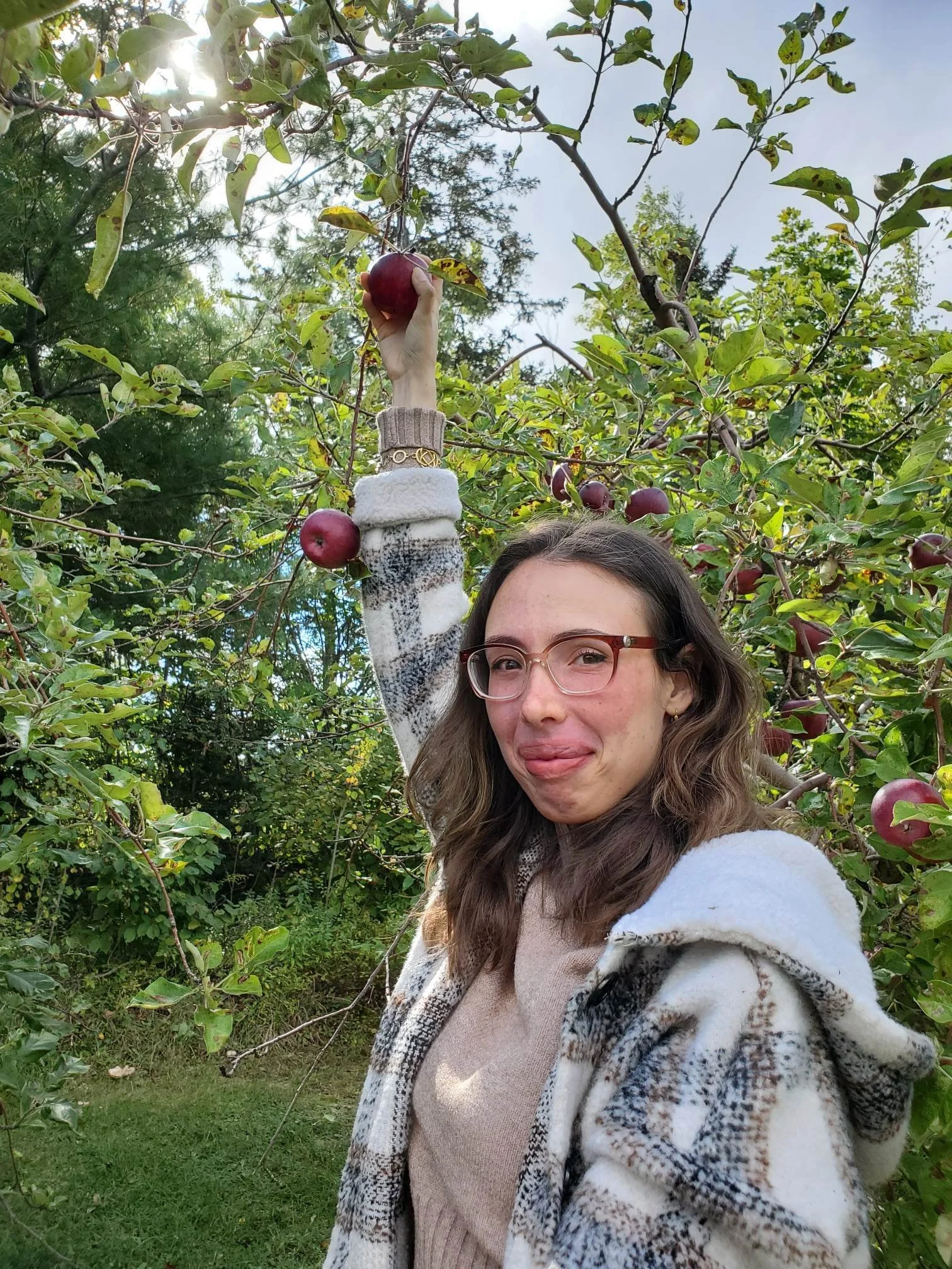 A woman with glasses and wavy hair picks a red apple from an apple tree, holding it up with her right hand, while standing outdoors surrounded by green foliage under a partly cloudy sky.