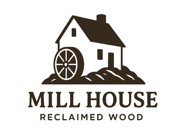 Logo of a house with a water wheel, and the text "MILL HOUSE RECLAIMED WOOD" beneath.