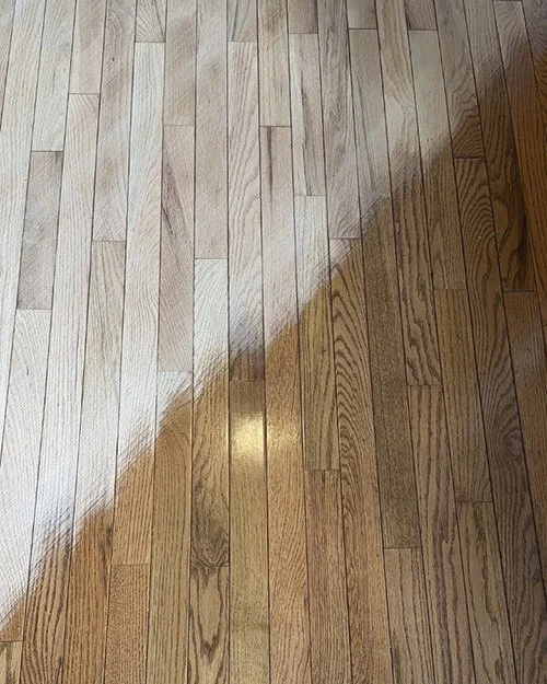 refinishing floors in progress, before and after stain