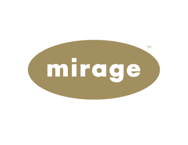 Mirage logo with gold oval background and white lowercase text