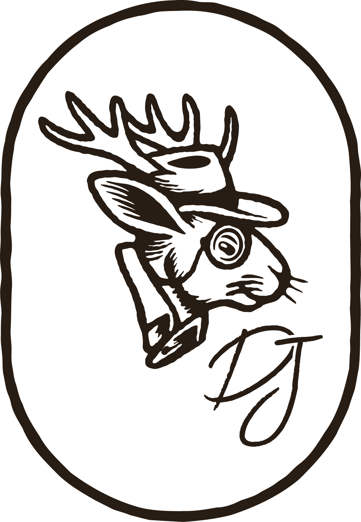 Stylized illustration of a deer head with antlers, a bird, and the initials "DJ" inside an oval outline.