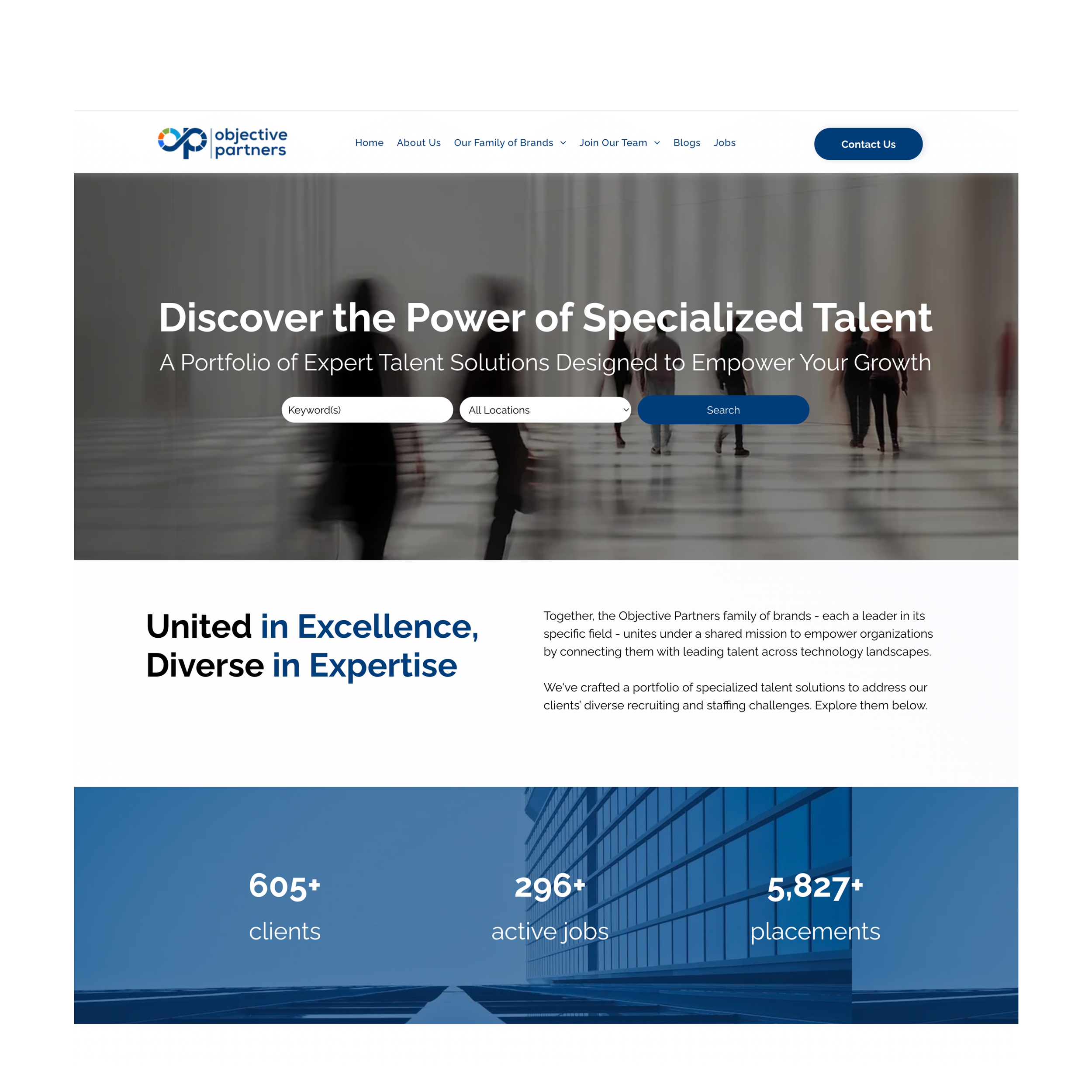 Screenshot of a website homepage for Objective Partners, featuring a header with logo and navigation menu, a prominent banner with the text "Discover the Power of Specialized Talent," a search bar, a section highlighting expertise and mission, and statistics showing clients, active jobs, and placements.