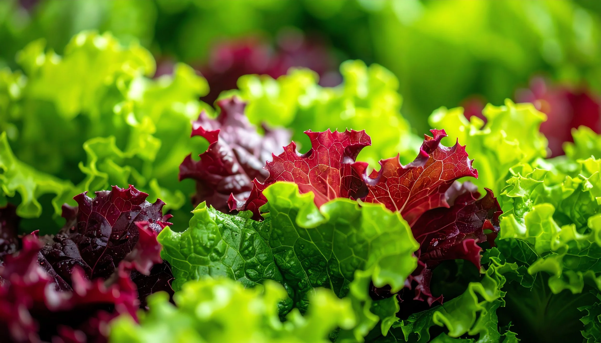 Close-up of red and green curly lettuce leaves in garden sunlight.