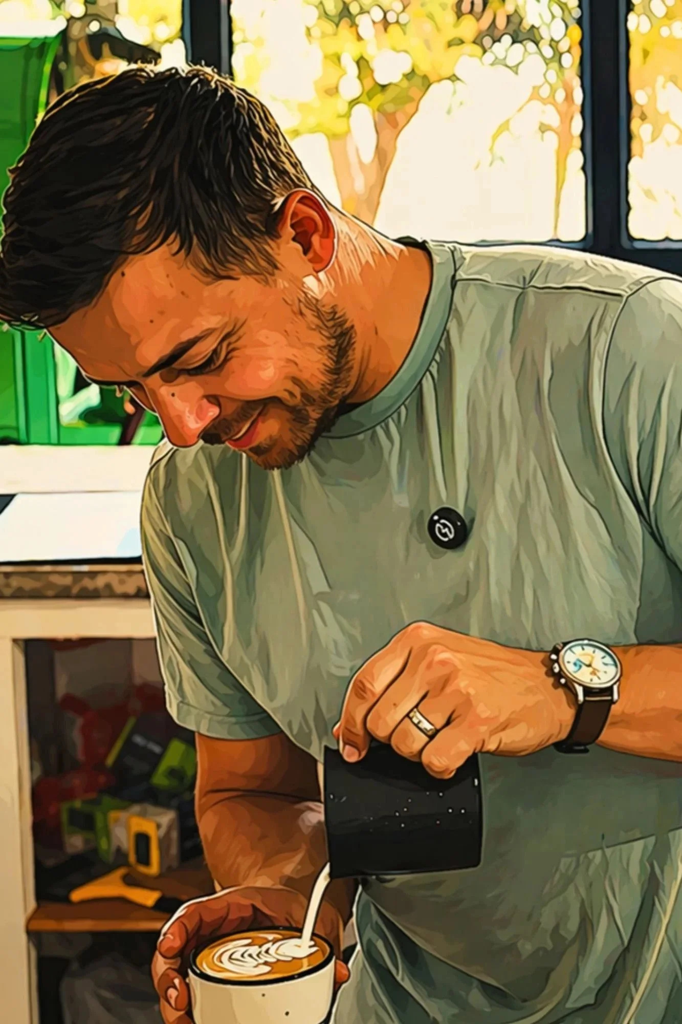 A man with dark hair and a beard, wearing glasses and a light green T-shirt, smiling while preparing a latte art in a white mug. He is wearing a wristwatch with a round face and a black strap. The background shows shelves with various items and a window with trees outside.
