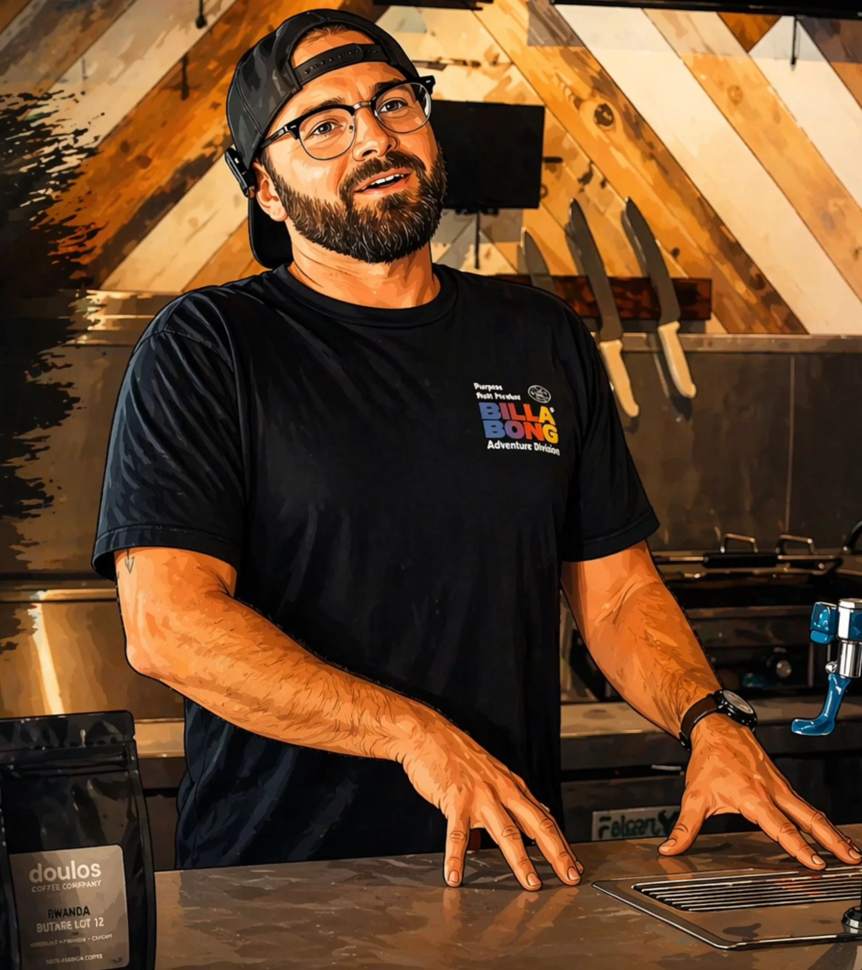 A bearded man wearing glasses, a black cap backwards, and a black t-shirt with a Billabong Adventure Division logo, is smiling and leaning over a countertop in a coffee shop. The background features wooden paneling and knives hanging on a rack.