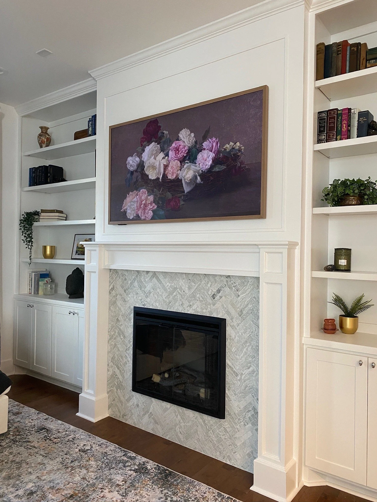 Formal living area built-in shelving, wood molding & paint
