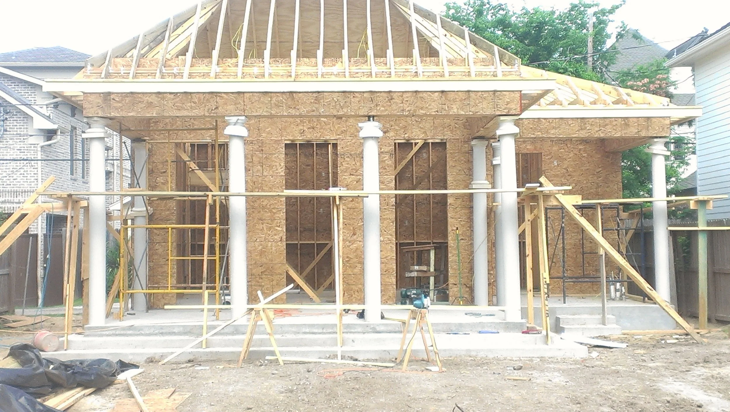 Framing of a new home bulid with columns.
